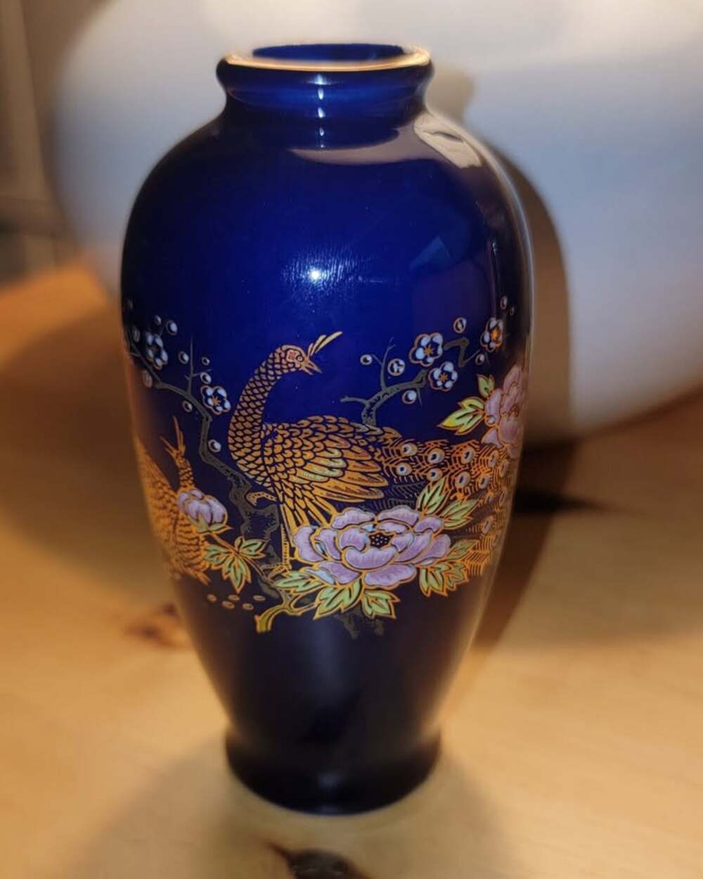 Vintage Japanese Cobalt Blue Bud Vase – Gold Peacock & Floral Design